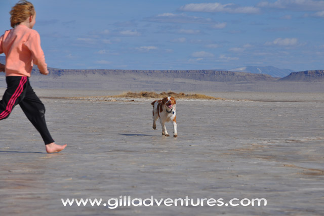 Dog and child running on the Alvord Desert