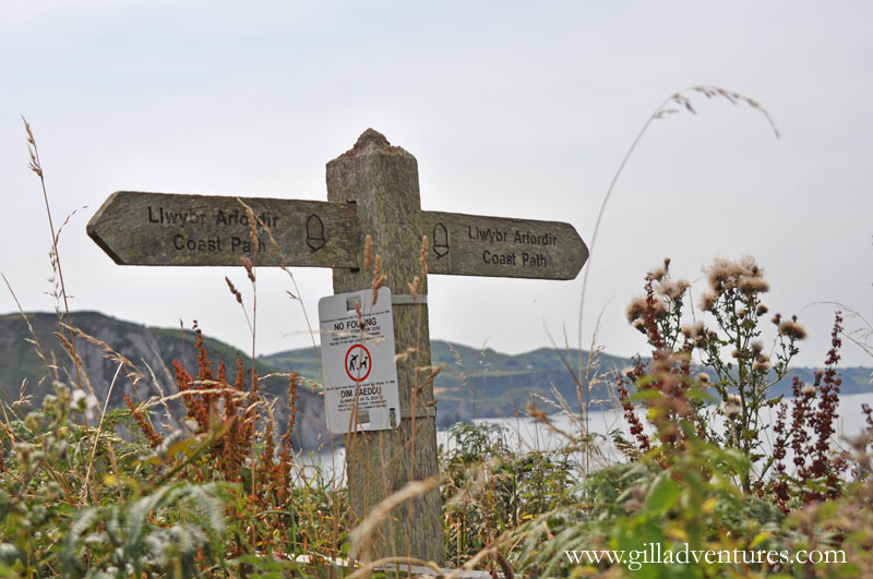 The trail sign for the hike to Dinas Head, just east of Fishguard. The headland is almost an island, attached to the mainland by a narrow bit of land.