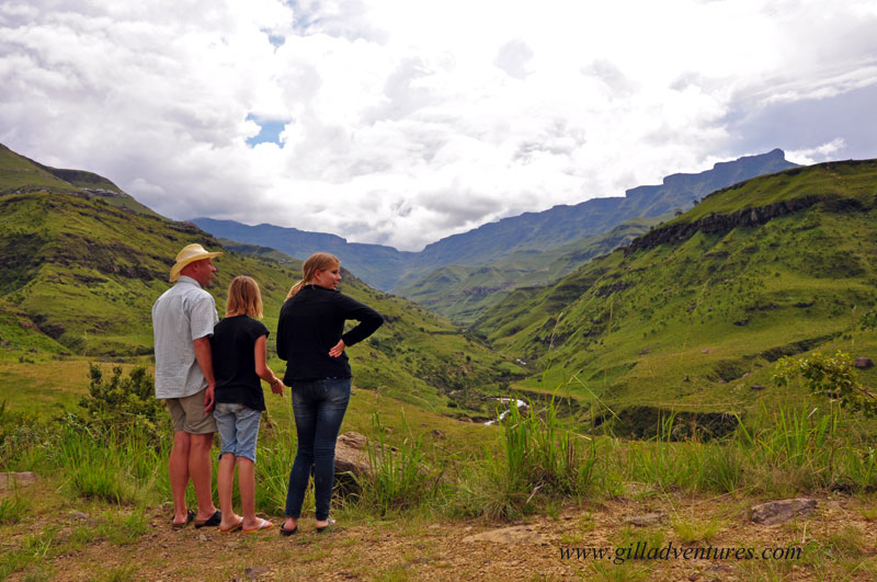 Sani-Pass_1 The family looking up at the Sani Pass, which is impassable due to a rock slide.